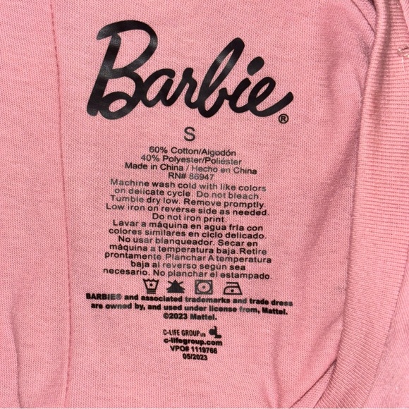 Barbie | Silver Rhinestone Logo Crop Tee | Pink Raw Seam T-Shirt | Size S - Picture 7 of 7